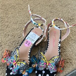 Betsey Johnson Black and White Polka Dot Sandals with Colorful Butterflies